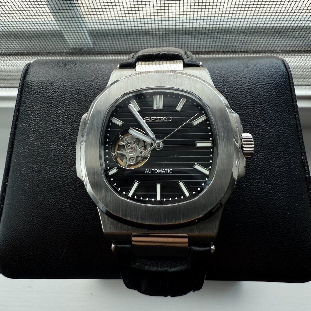 Seiko Mod Custom open heart black luxury leather strap dress watch
